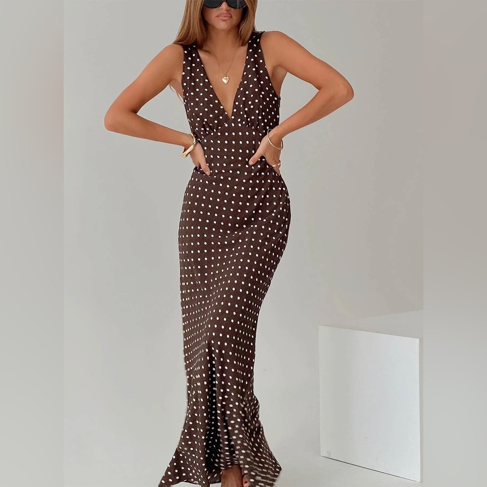 Princess Polly Nellie Maxi Dress Brown Polka Dot